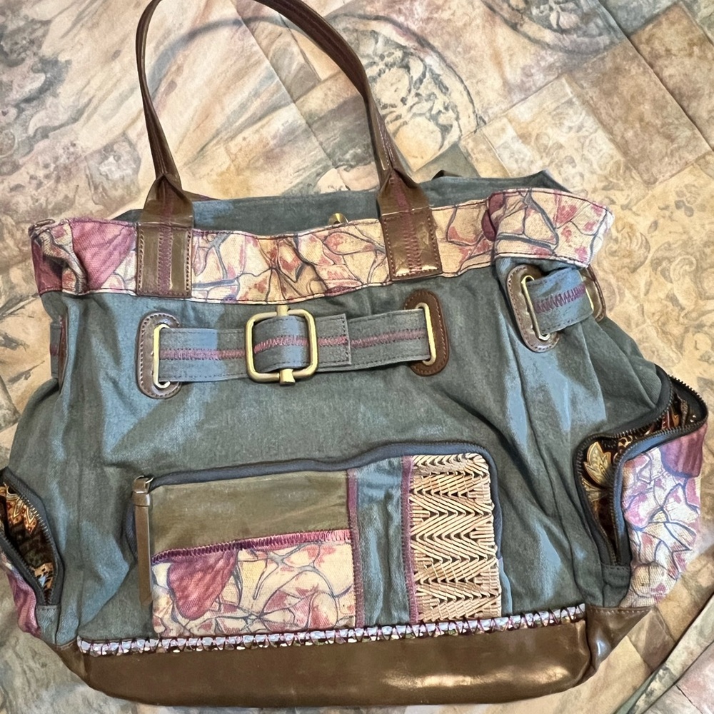 Blue and Brown Tote Bag with Decorative Panels
